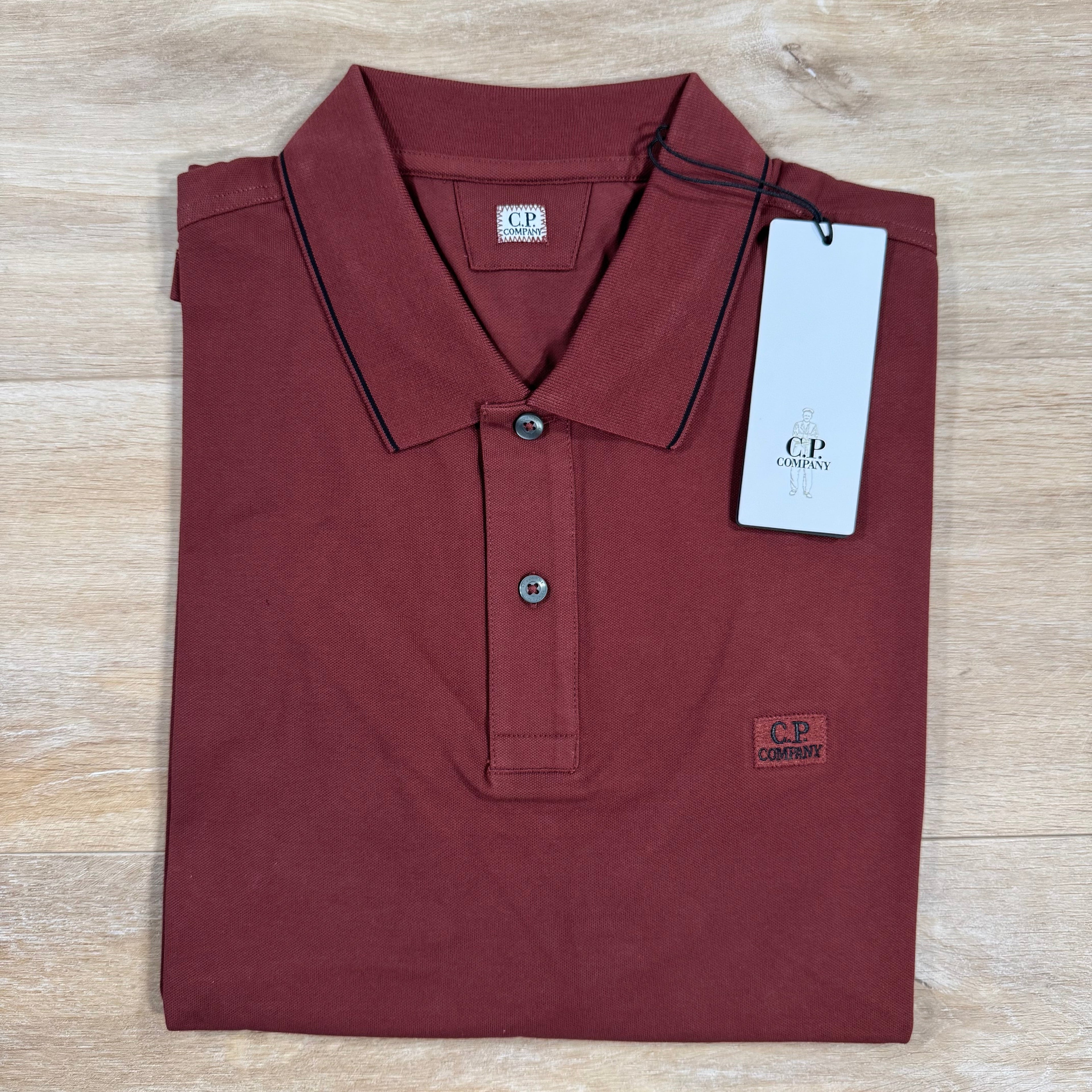 CP Company Stretch Piquet Striped Collar Polo Shirt in Sable - Brown