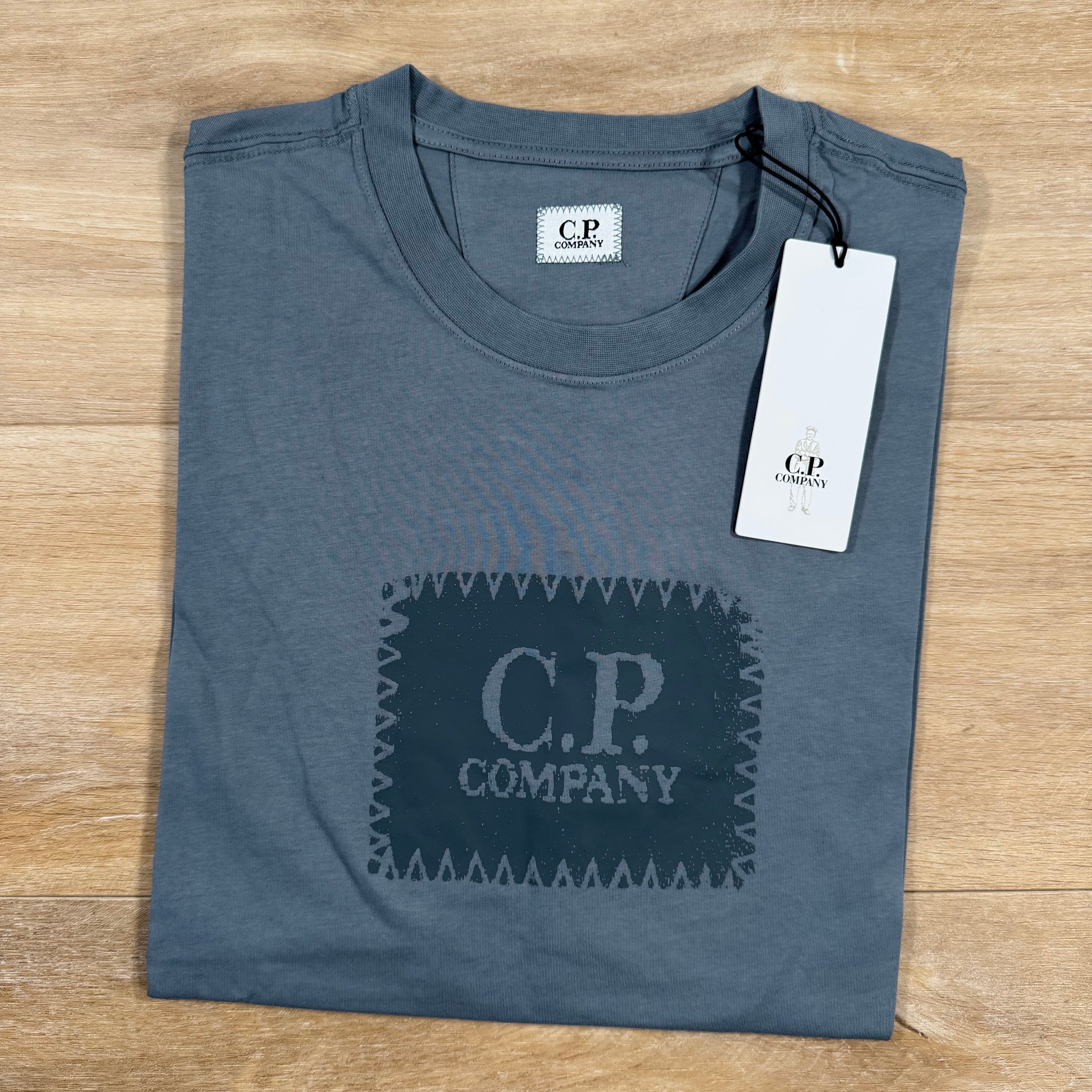 CP Company Stitch Block Logo T-Shirt in Stormy Weather - Blue