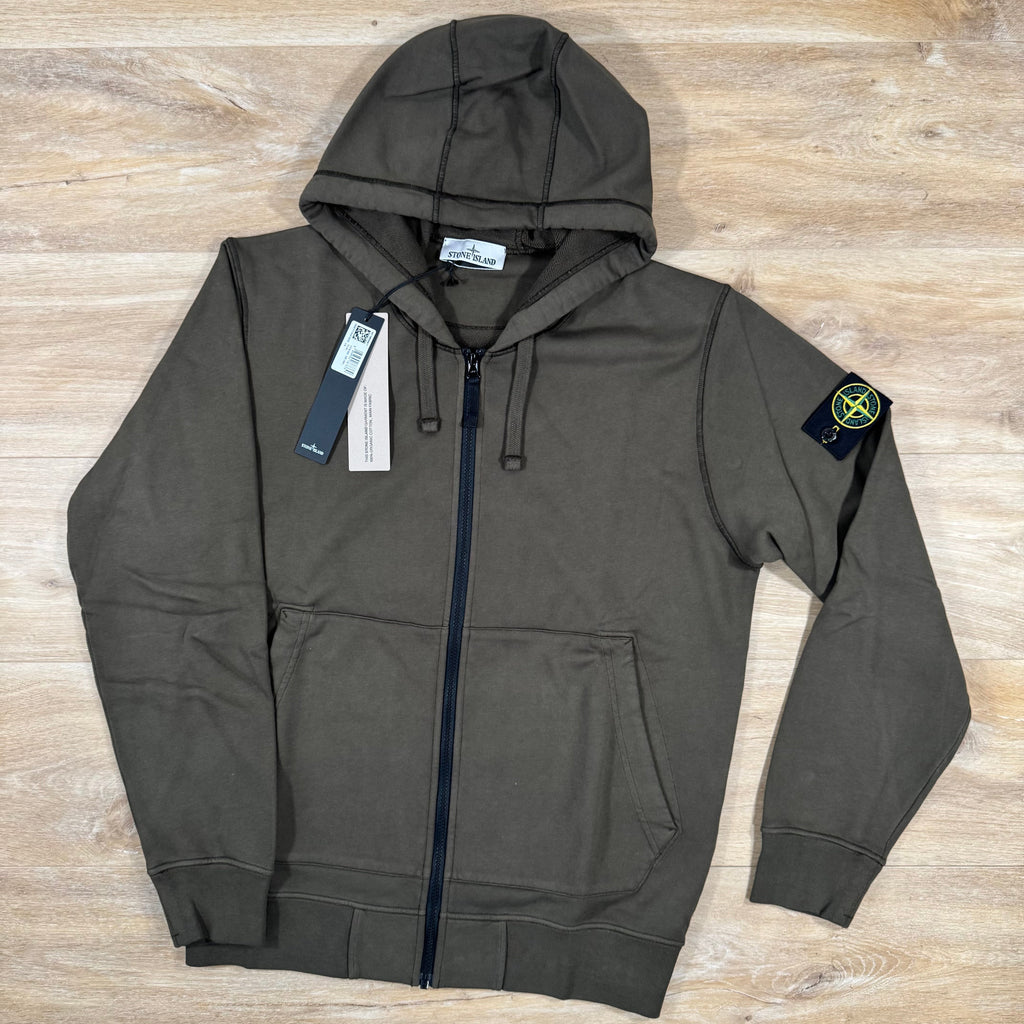Stone Island Organic Cotton Fleece Zip Hoodie in Military Green