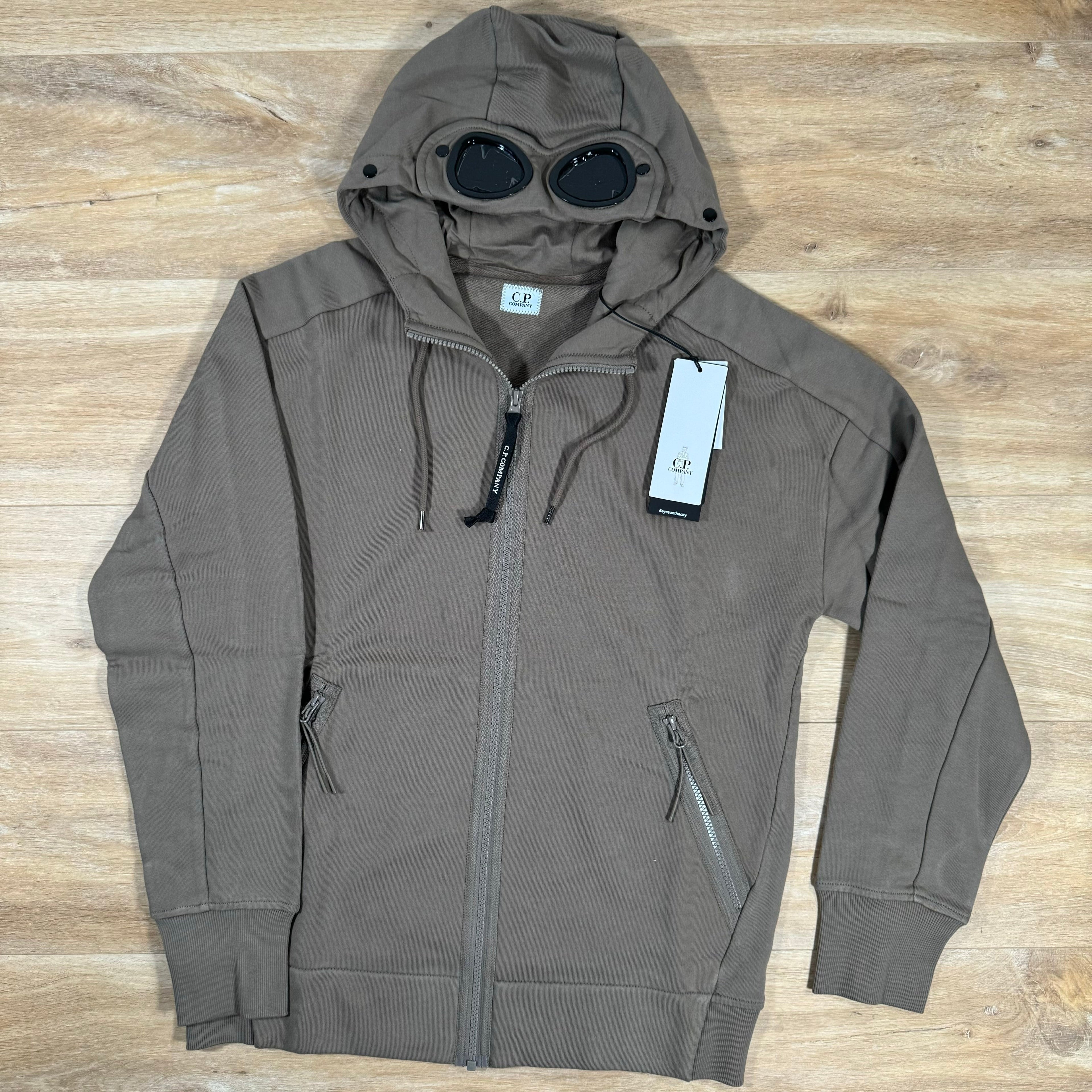 CP Company Diagonal Raised Zipped Goggle Hoodie in Walnut